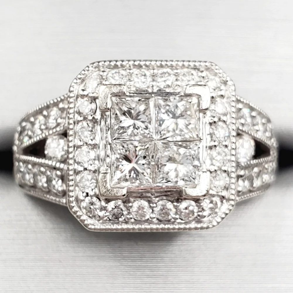 14k Solid White Gold Genuine Princess & Round Diamond Cluster Statement Ring
